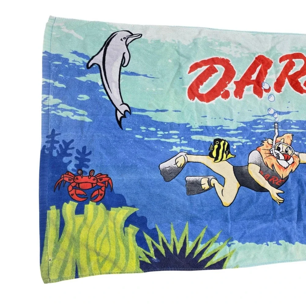 Vintage 90s DARE Lion Beach Towel Underwater Scuba Diver Dolphin Crab Fish Coral
